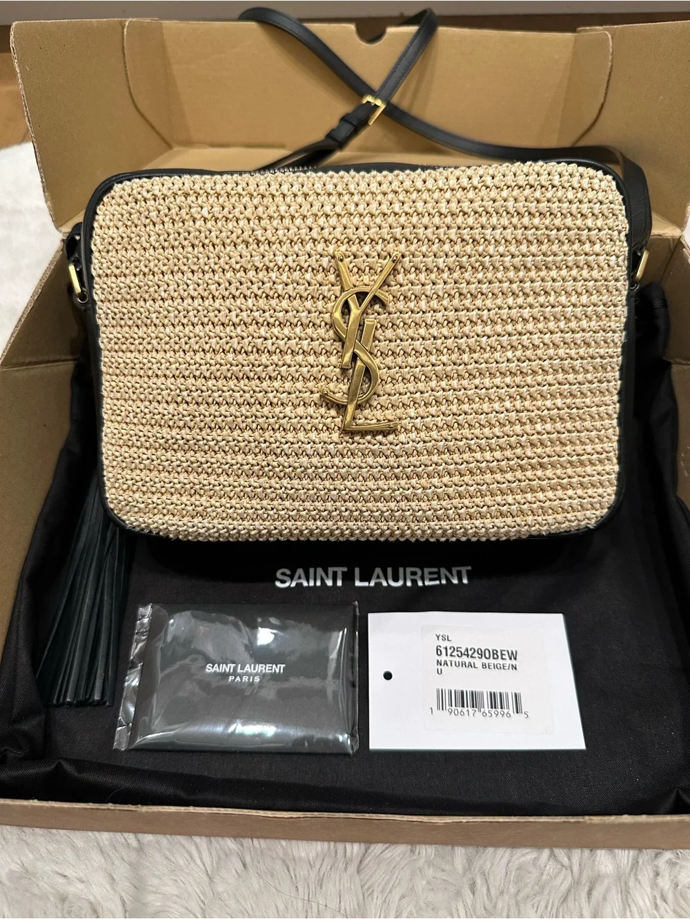 Saint Laurent Black and Beige Raffia Crossbody Camera Bag with Tassel - Picture 3 of 8